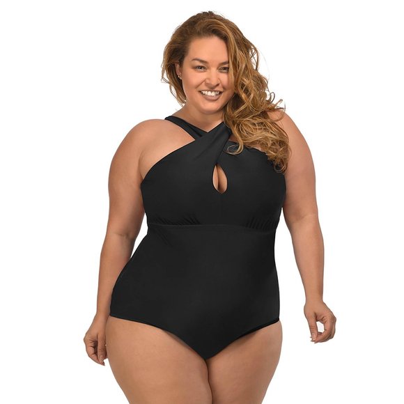 NWT Lysa Plus Size 1 Piece Keyhole Swimsuit Black 0X 1X 2X 3X 14 16 18 20 22 24 - Picture 1 of 2